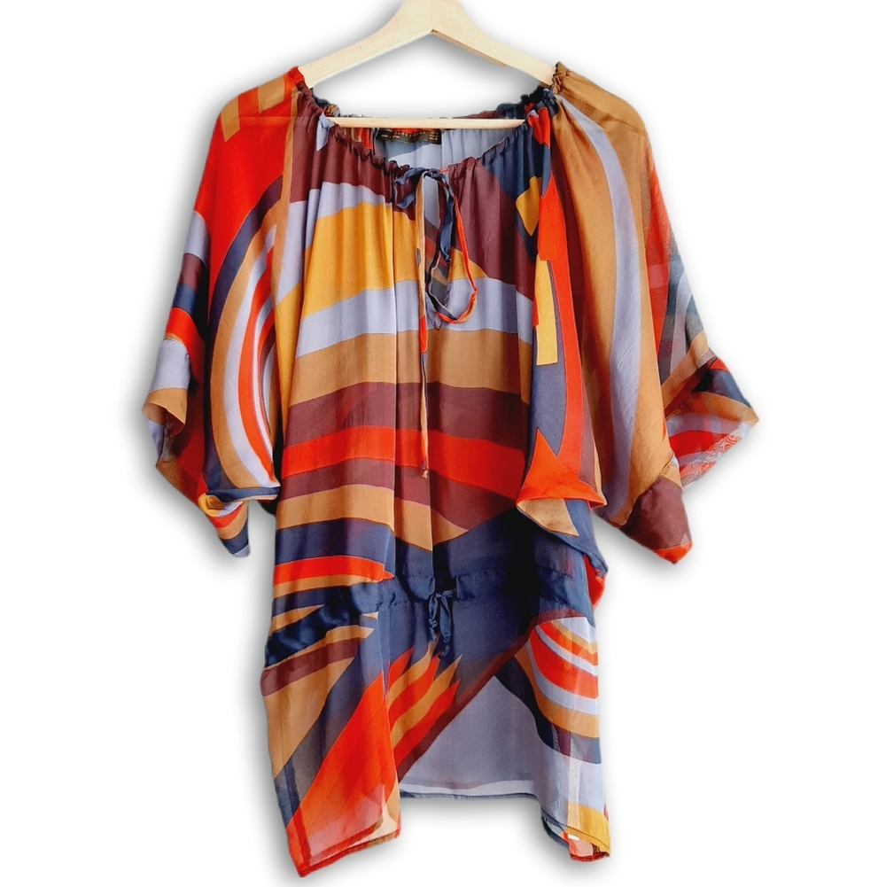 ZARA Spain 100% Silk Sheer Light Multicolour Blouse Women's Colourful Top Sz M